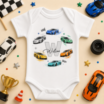 Personalised Supercars Initial Baby Vest Bodysuit for Boys, Watercolour Sports Cars with Name