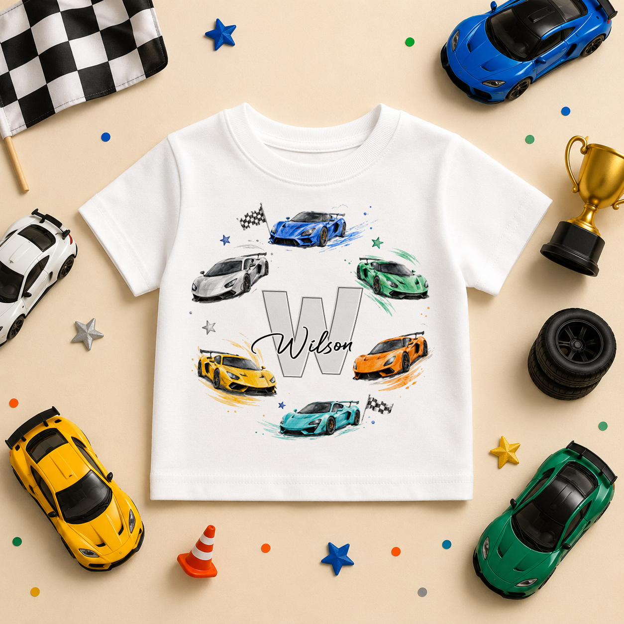 Personalised Supercars Initial Kids T-Shirt for Boys, Watercolour Sports Cars with Name
