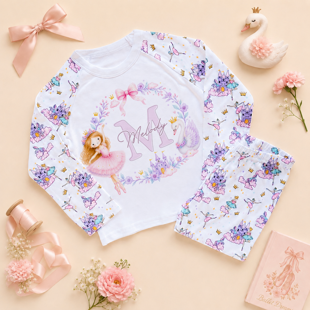 Personalised Princess Castle Ballerina Kids Pyjamas for Girls, All-Over Lilac Fairy Castle Print with Name