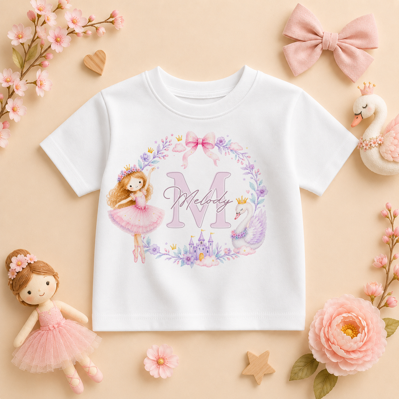 Personalised Lilac Princess Ballerina Initial Letter Kids T-Shirt for Girls, Watercolour Wreath Swan with Name