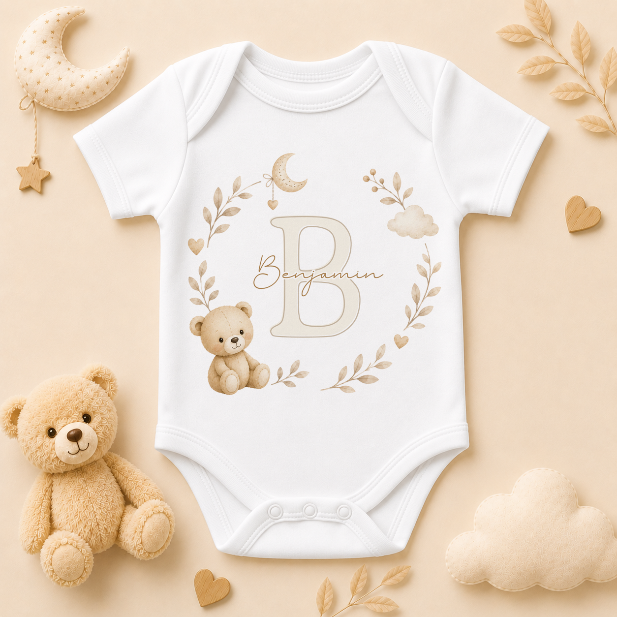 Personalised Neutral Teddy Bear Initial Letter Baby Vest Bodysuit, Watercolour Moon Cloud Wreath with Name