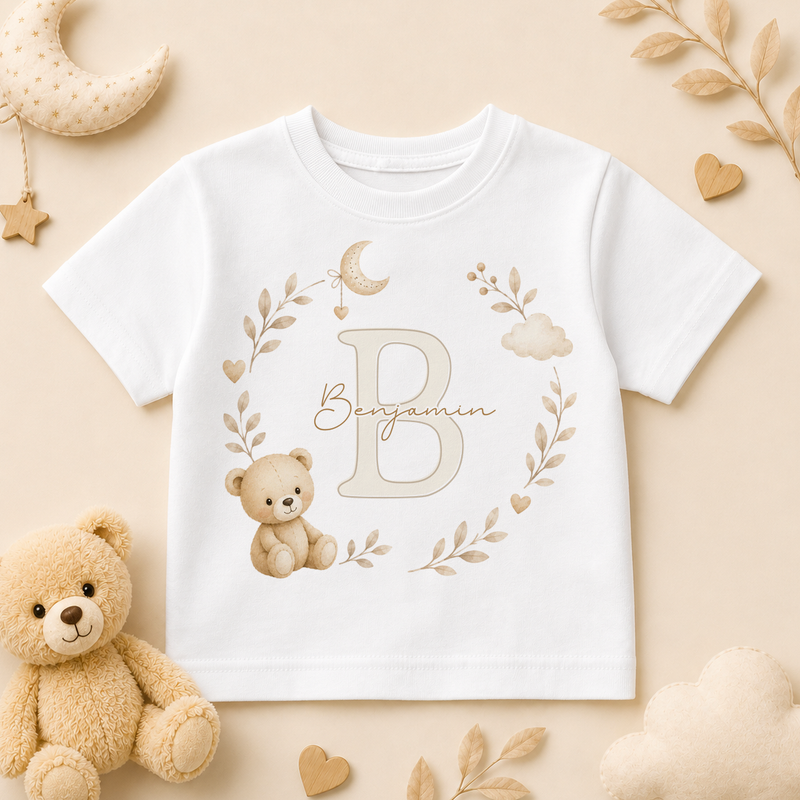 Personalised Neutral Teddy Bear Initial Letter Kids T-Shirt, Watercolour Moon Cloud Wreath with Name