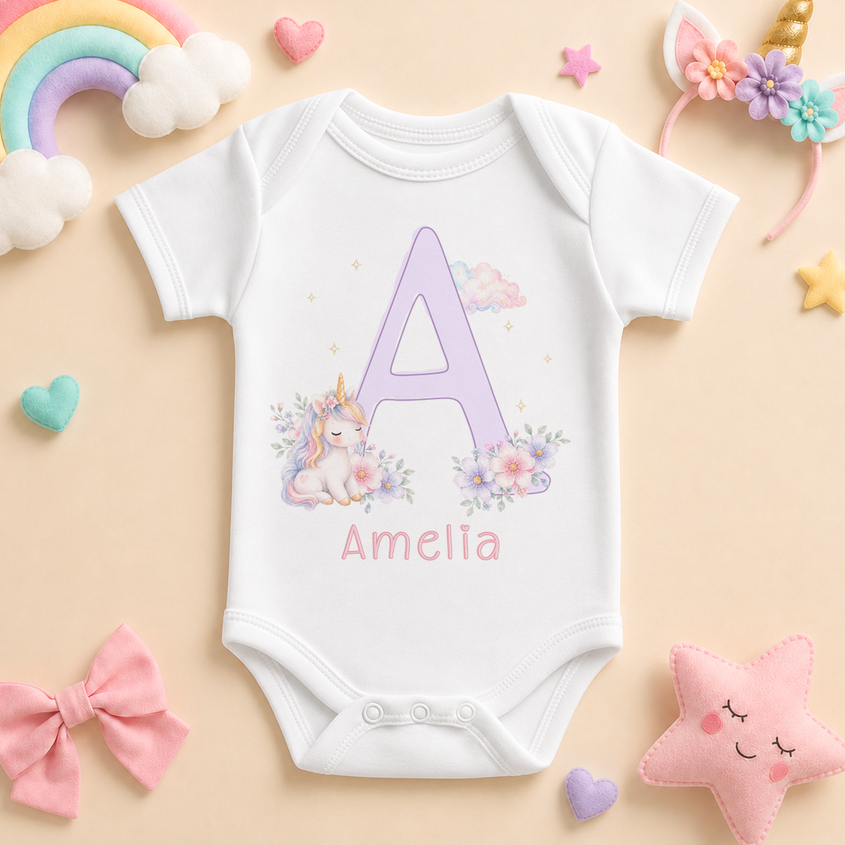 Personalised Pastel Unicorn Initial Letter Baby Vest Bodysuit, Lilac Watercolour Floral with Name