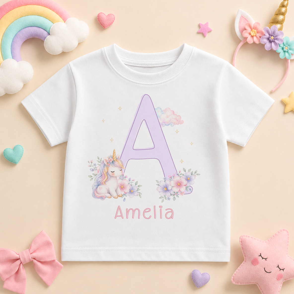 Personalised Pastel Unicorn Initial Letter Kids T-Shirt for Girls, Lilac Watercolour Floral with Name
