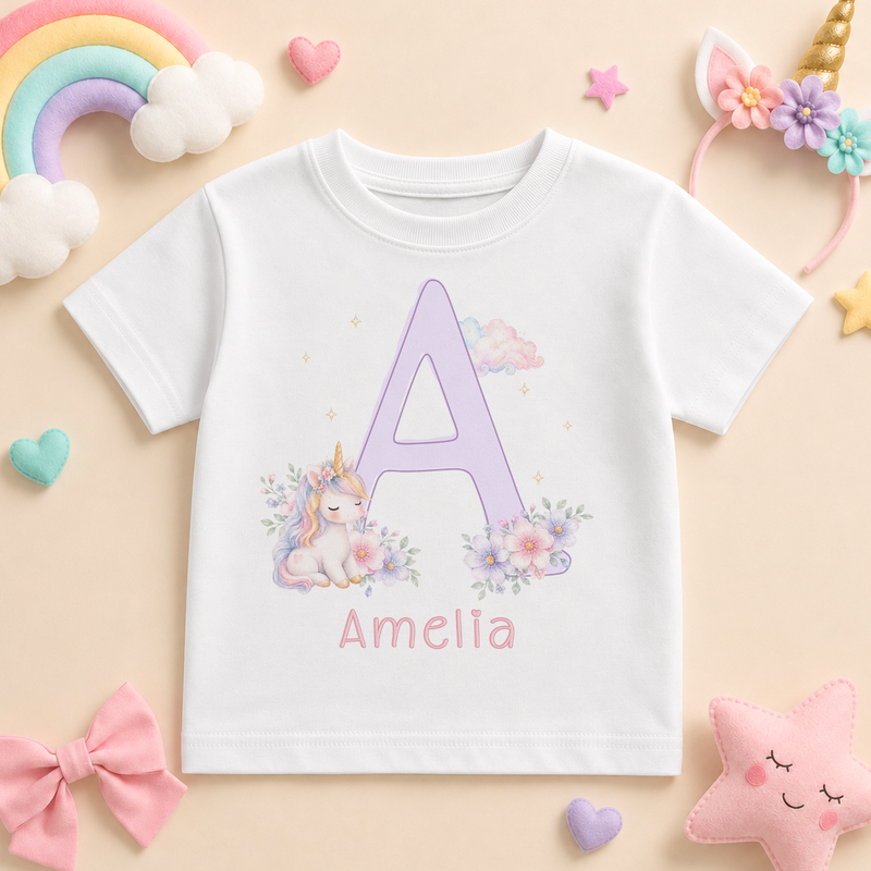 Personalised Pastel Unicorn Initial Letter Kids T-Shirt for Girls, Lilac Watercolour Floral with Name