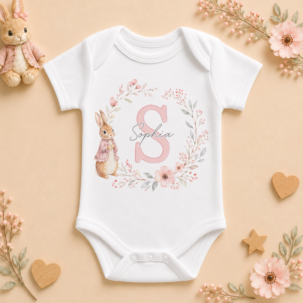 Personalised Initial Letter Baby Vest Bodysuit for Girls, Bunny and Pink Floral Wreath with Name