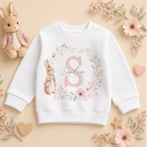 Personalised Initial Letter Kids Sweatshirt for Girls, Bunny and Pink Floral Wreath with Name