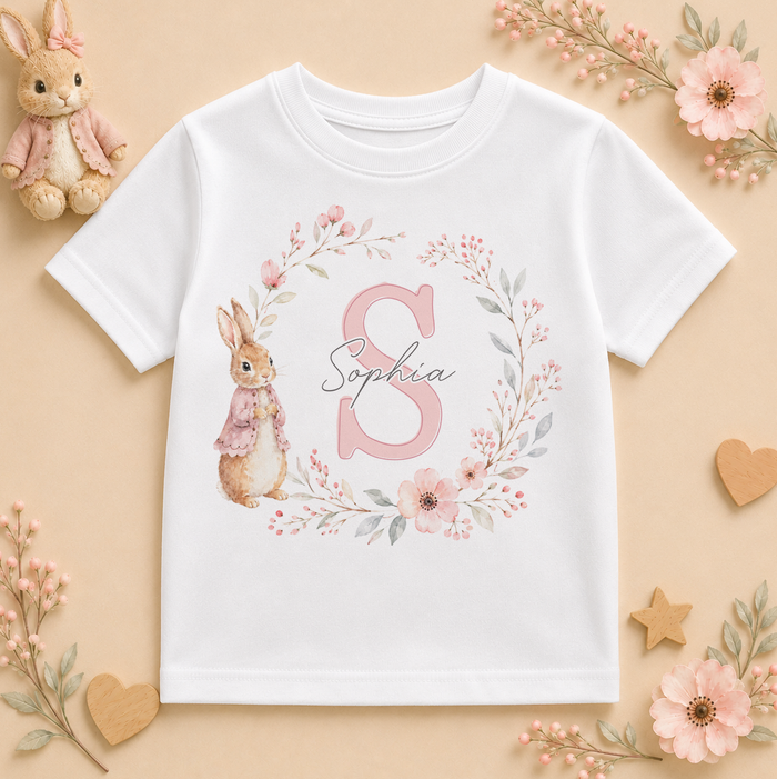 Personalised Initial Letter Kids T-Shirt for Girls, Bunny and Pink Floral Wreath with Name