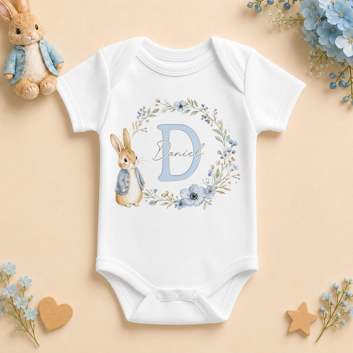 Personalised Initial Letter Baby Vest Bodysuit for Boys, Bunny and Blue Floral Wreath with Name