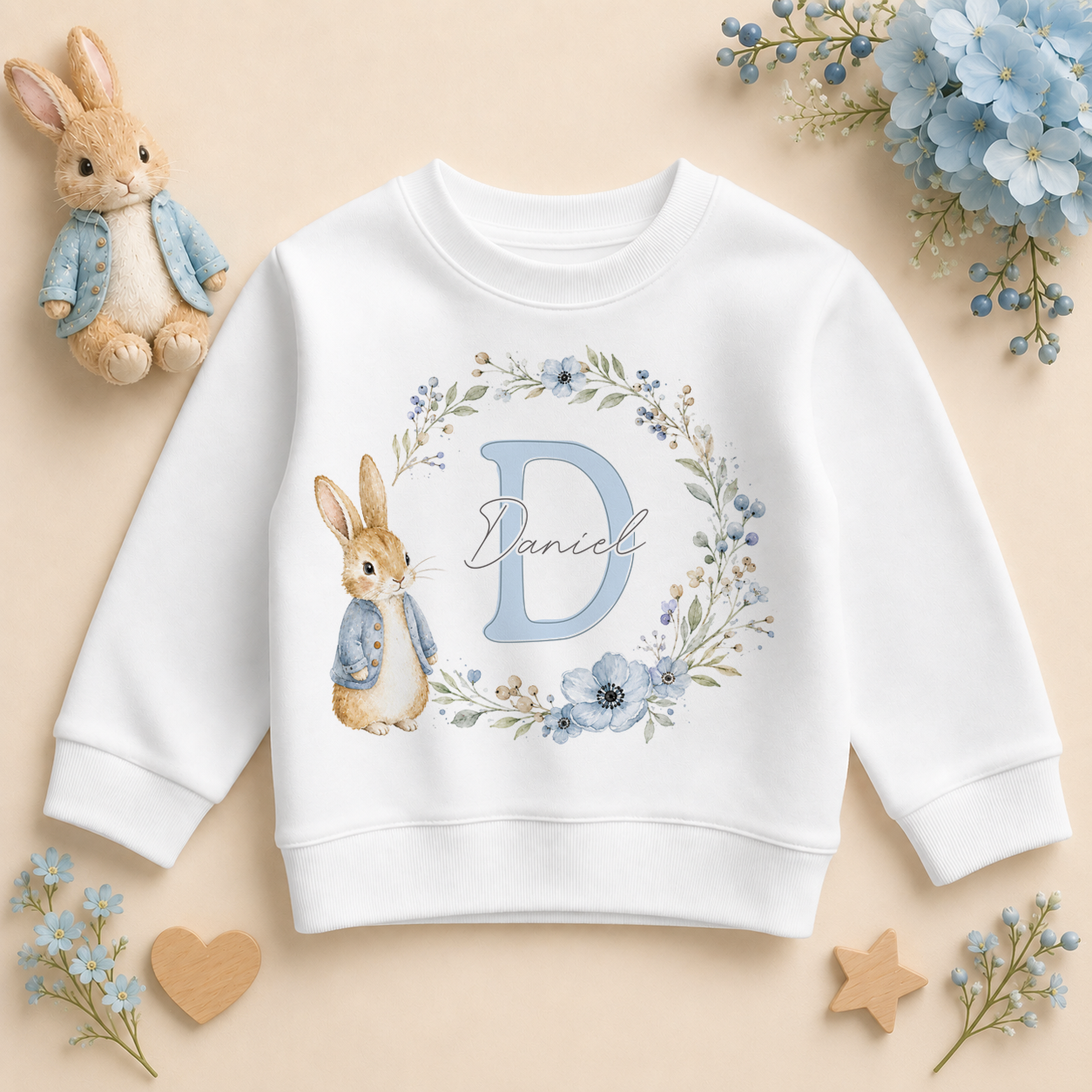Personalised Initial Letter Kids Sweatshirt for Boys, Bunny and Blue Floral Wreath with Name