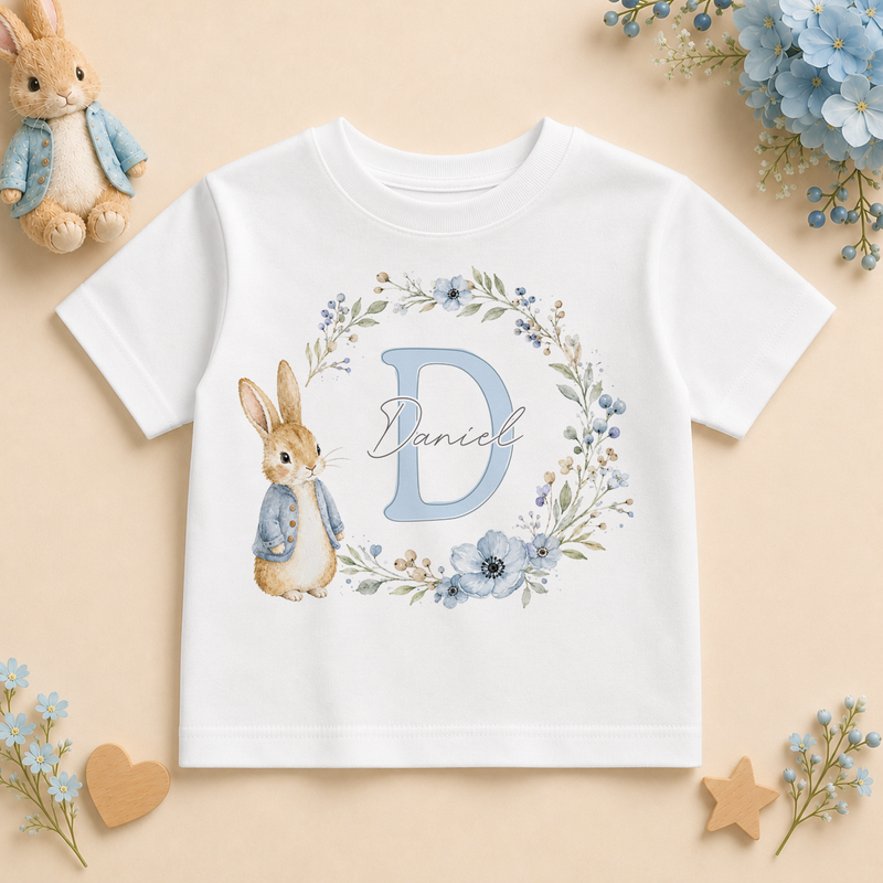 Personalised Initial Letter Kids T-Shirt for Boys, Bunny and Blue Floral Wreath with Name