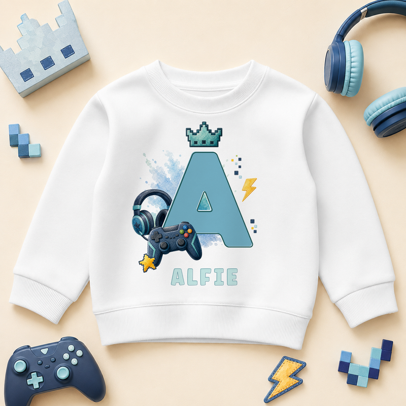 Personalised Initial Letter Kids Sweatshirt for Boys, Gaming Headset Controller and Crown with Name