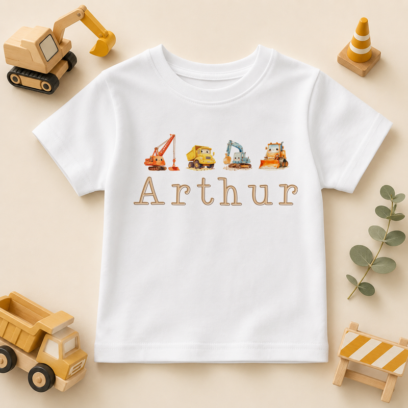 Personalised Construction Vehicles Kids T-Shirt for Boys, Diggers with Name