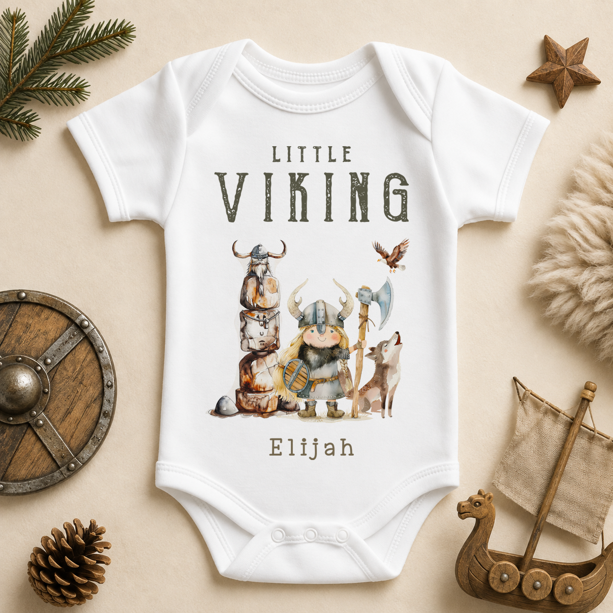 Personalised Viking Baby Vest Bodysuit, Little Warrior with Wolf and Eagle
