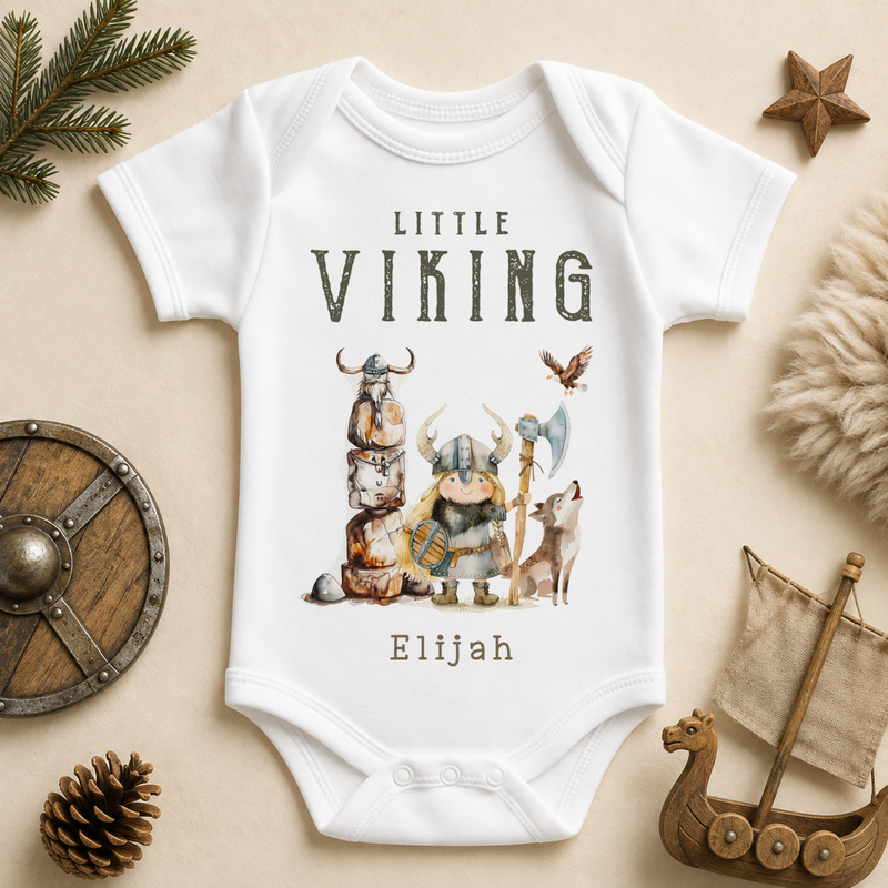 Personalised Viking Baby Vest Bodysuit, Little Warrior with Wolf and Eagle
