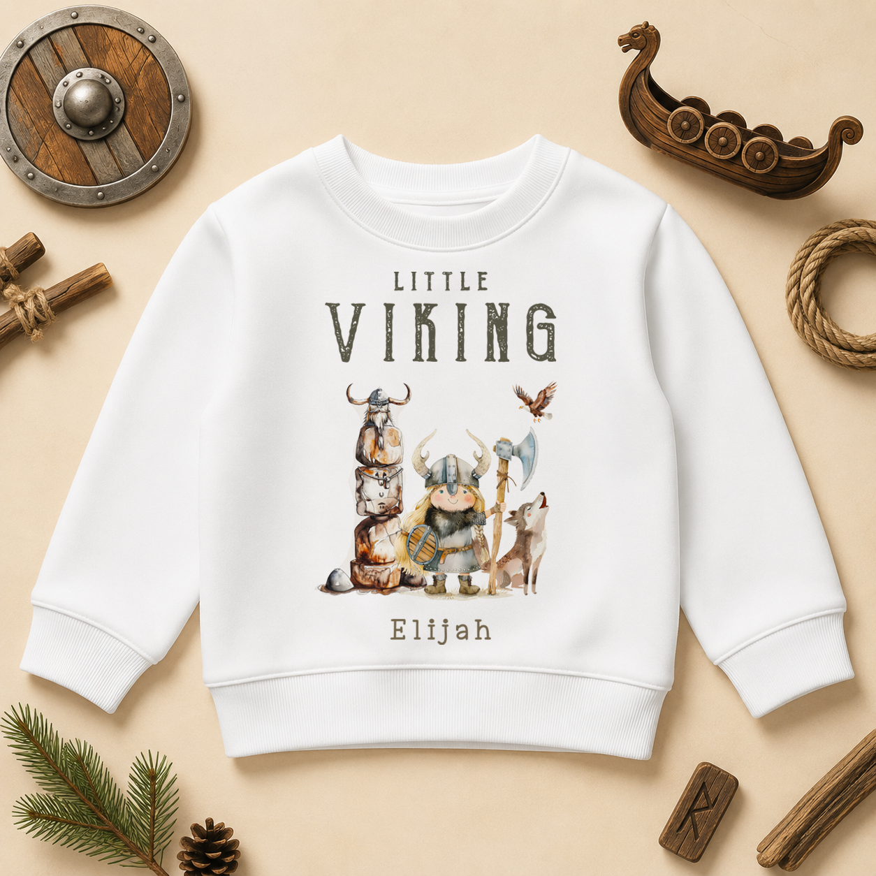 Personalised Norse Viking Kids Sweatshirt, Little Warrior with Wolf and Shield