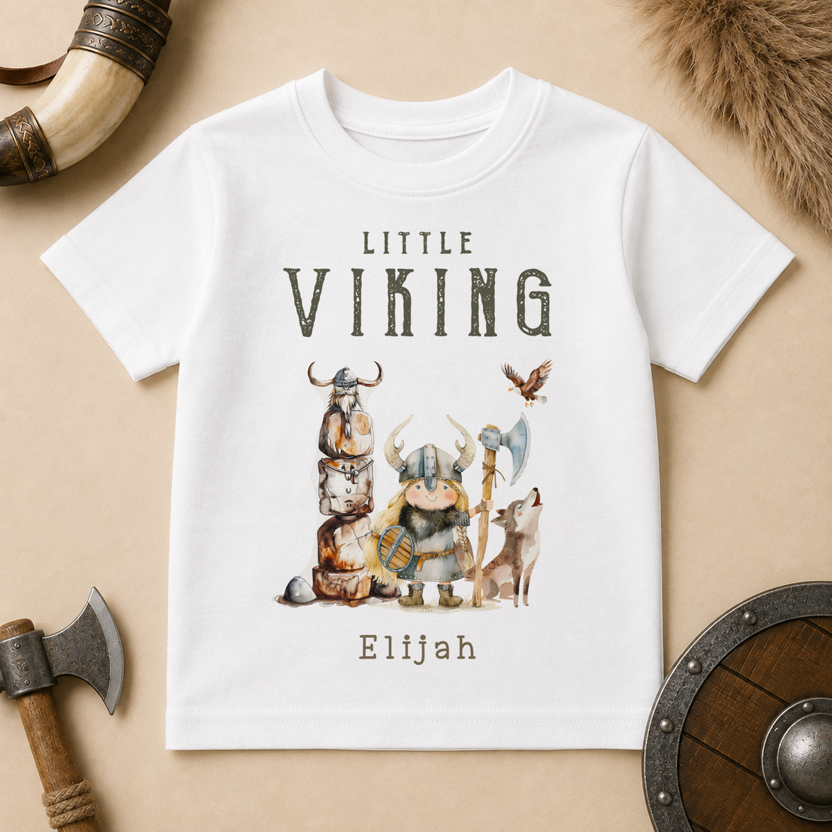 Personalised Viking Kids T-Shirt, Little Norse Warrior with Wolf and Eagle