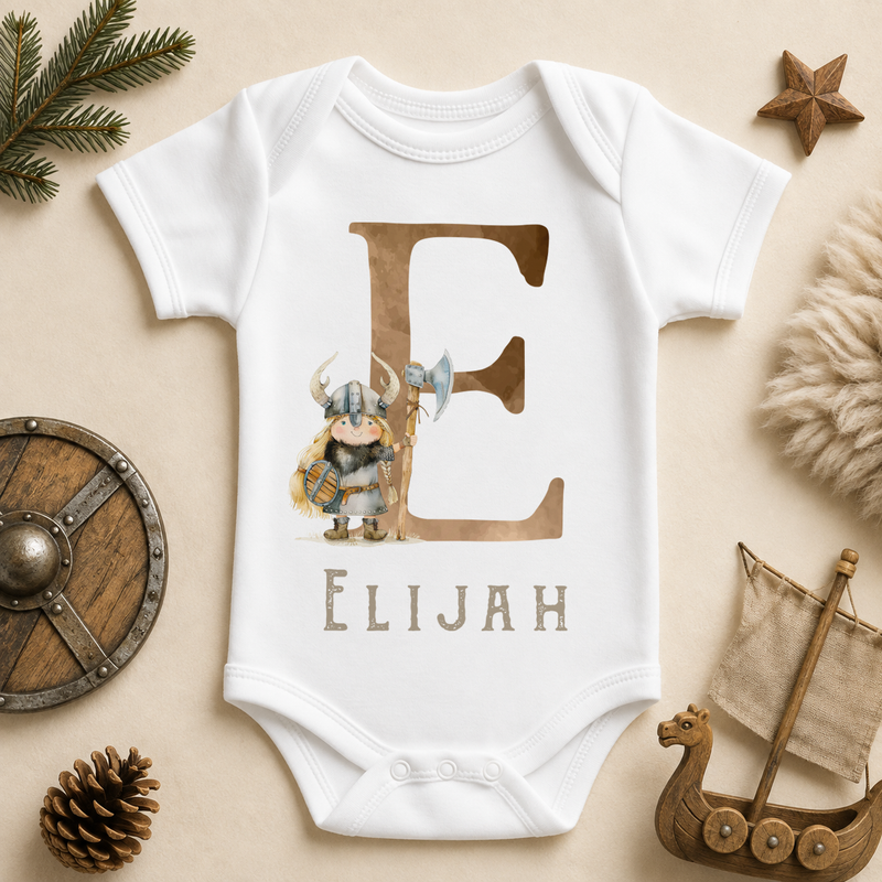 Personalised Viking Initial Baby Vest Bodysuit, Warrior with Axe and Shield