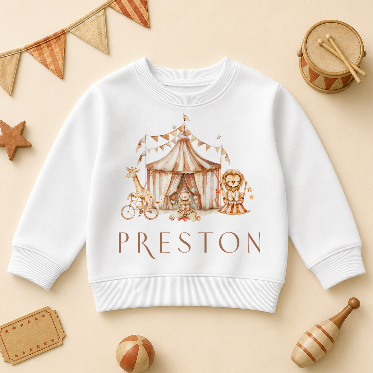 Personalised Vintage Circus Kids Sweatshirt, Big Top with Lion and Clown