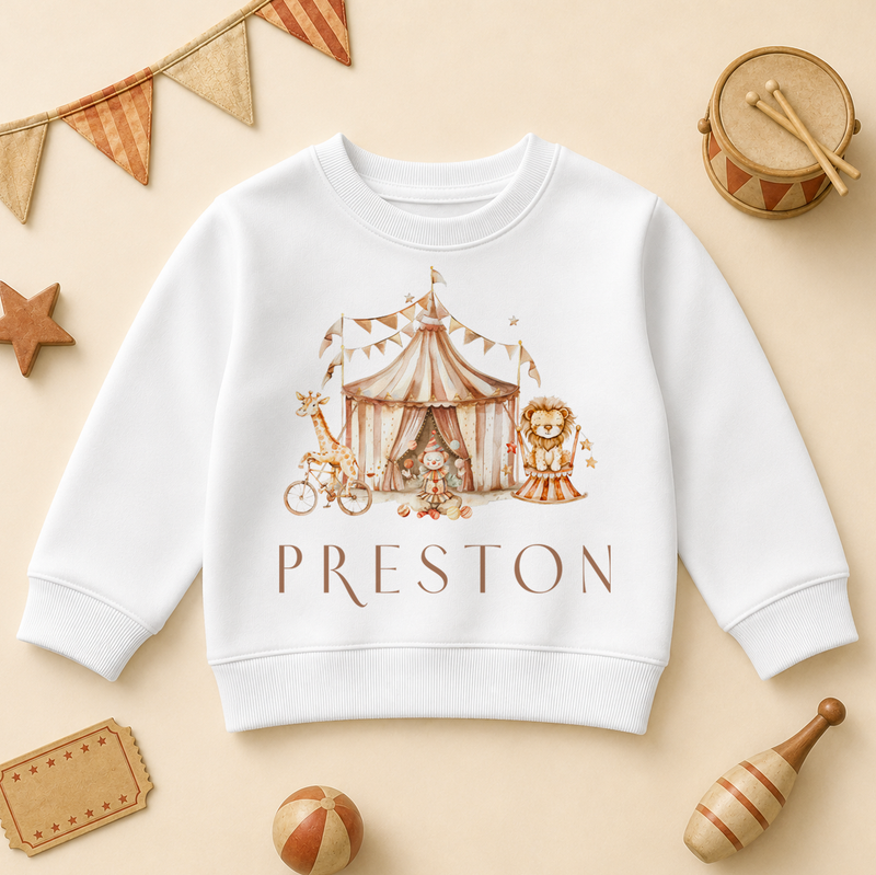 Personalised Vintage Circus Kids Sweatshirt, Big Top with Lion and Clown