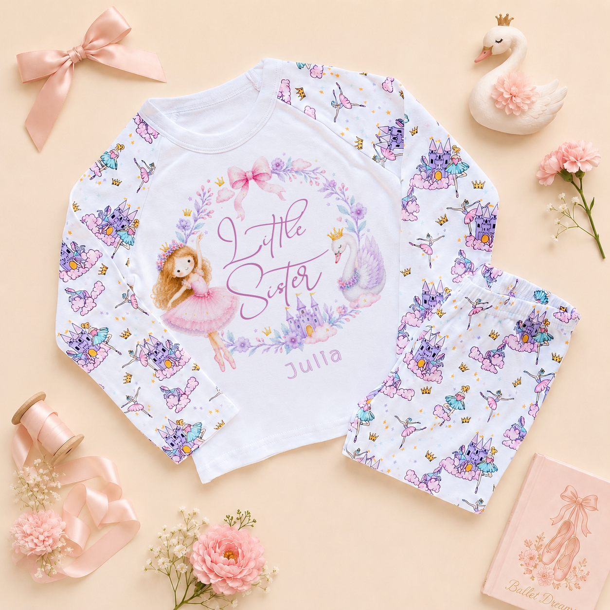 Little Sister - Personalised Big or Little Sister Princess Ballerina Kids Pyjamas for Girls, Castle Print with Name