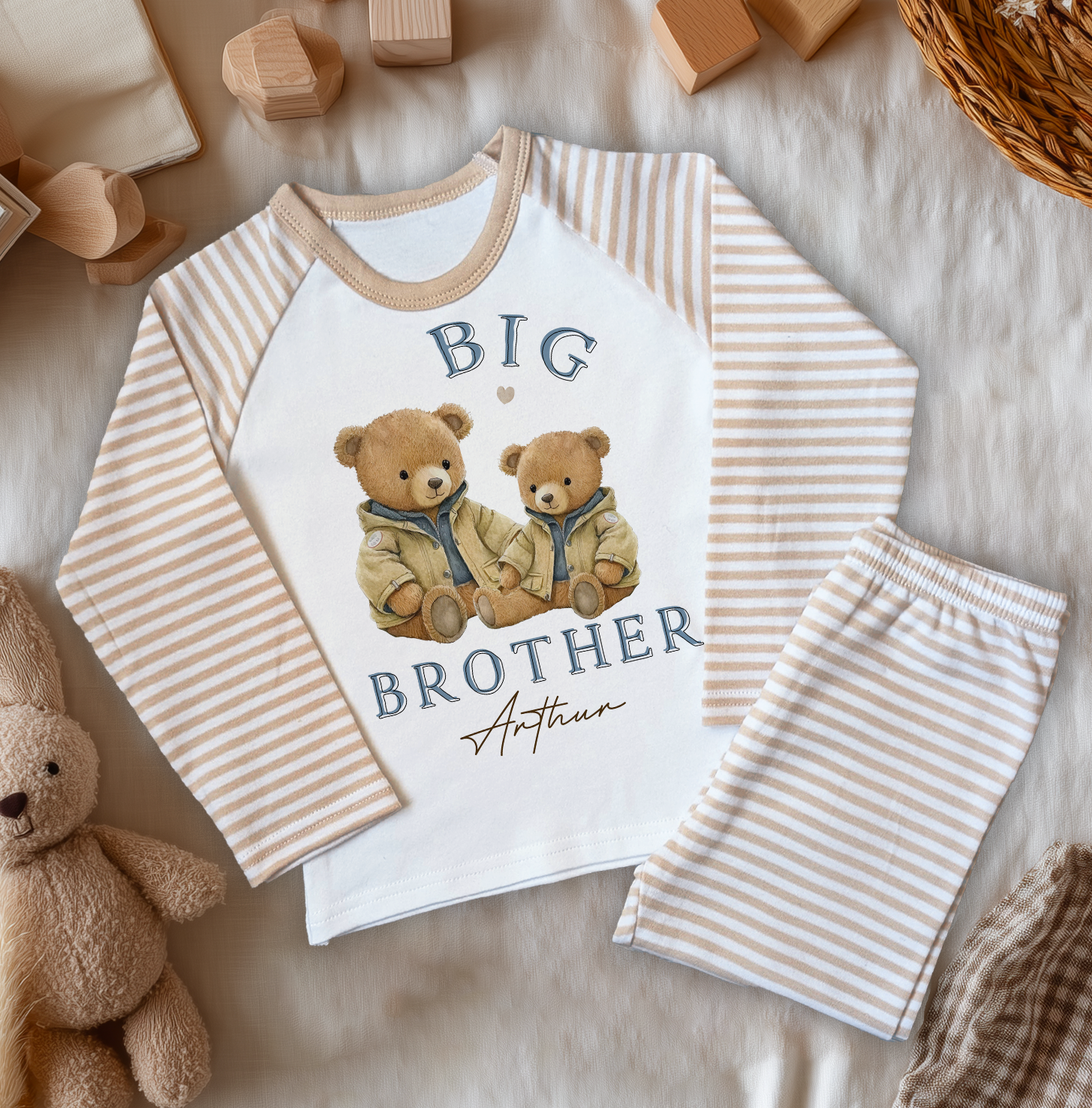 Big Brother Teddy Bear Personalised Toddler & Kids Beige Pyjamas Set
