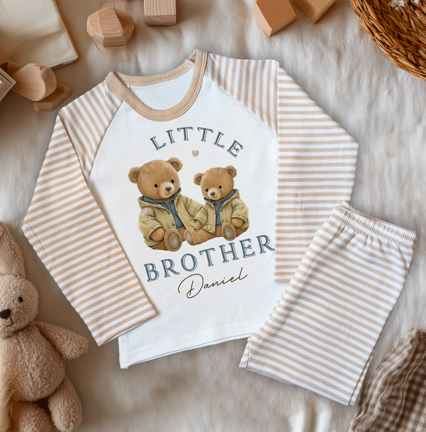Personalised Little Brother Two Teddy Bears Beige Striped Pyjamas for Kids