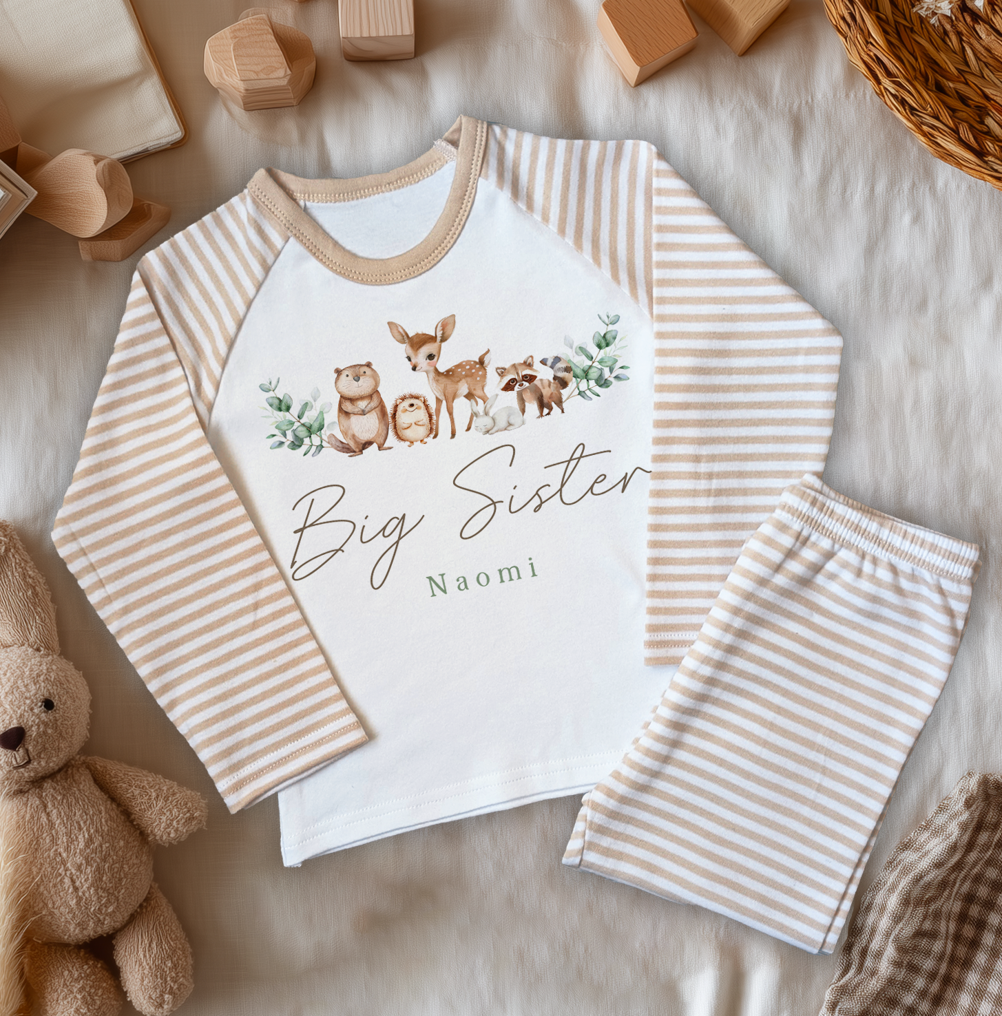 Big Sister Woodland Animals Personalised Toddler & Kids Beige Pyjamas Set