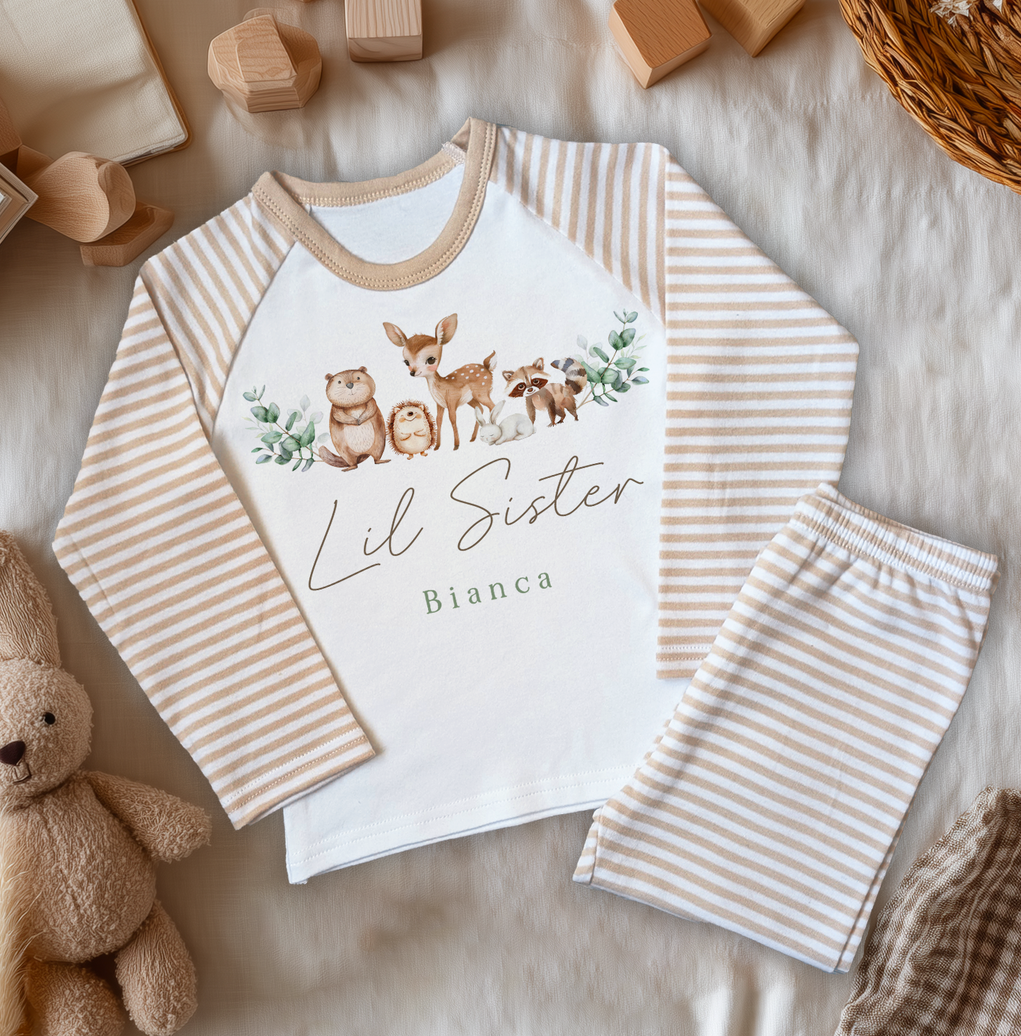 Little/Lil Sister Woodland Animals Personalised Toddler & Kids Beige Pyjamas Set