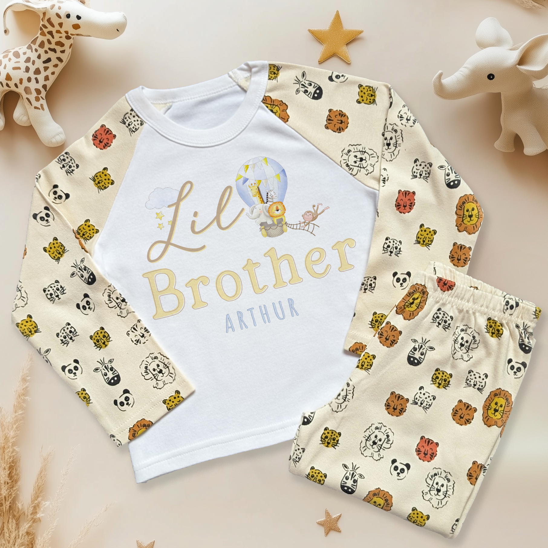 Little/Lil Brother Safari Animals Personalised Toddler & Kids Pyjamas Set