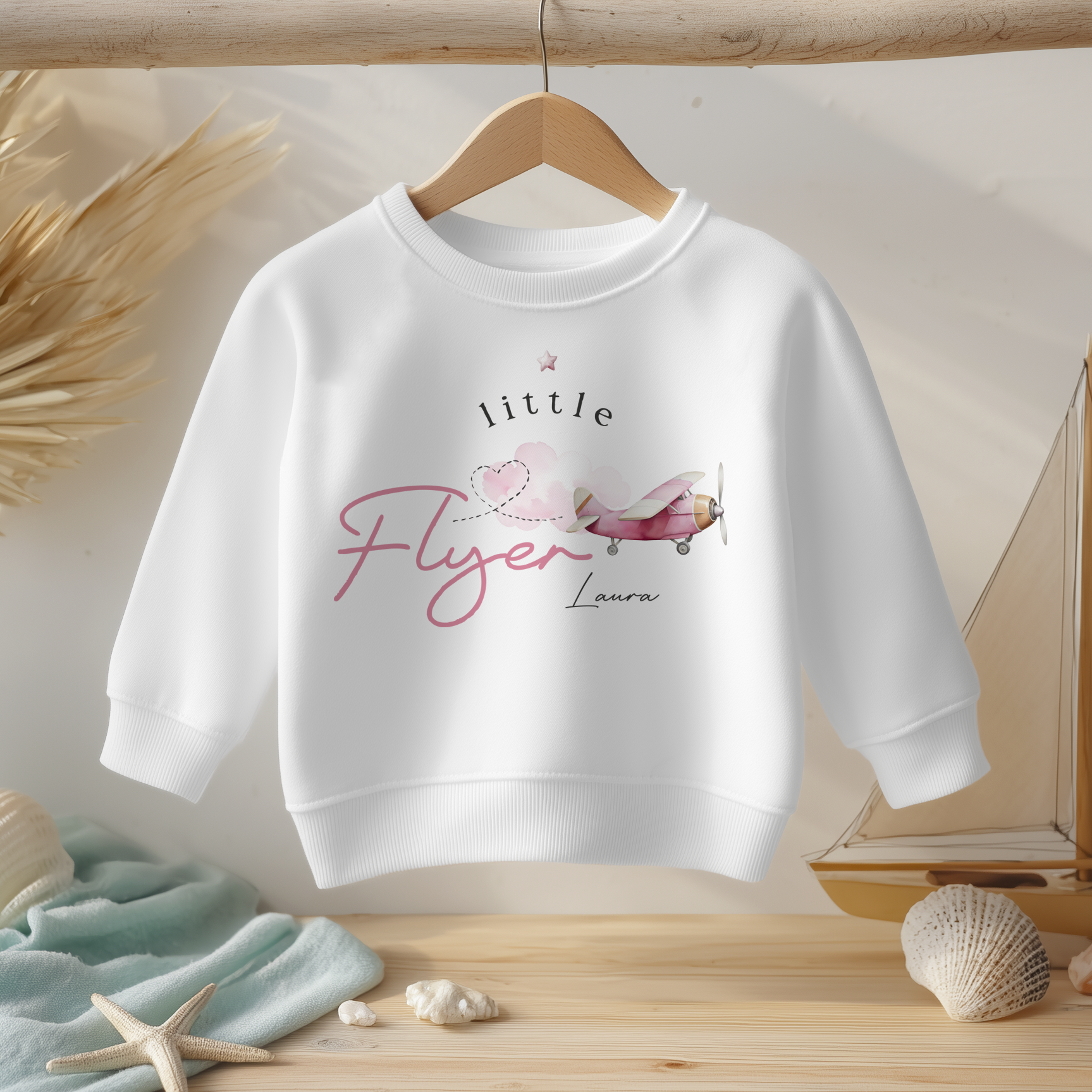 Little Flyer Holiday Pink Airplane Girl Personalised Toddler & Kids Sweatshirt