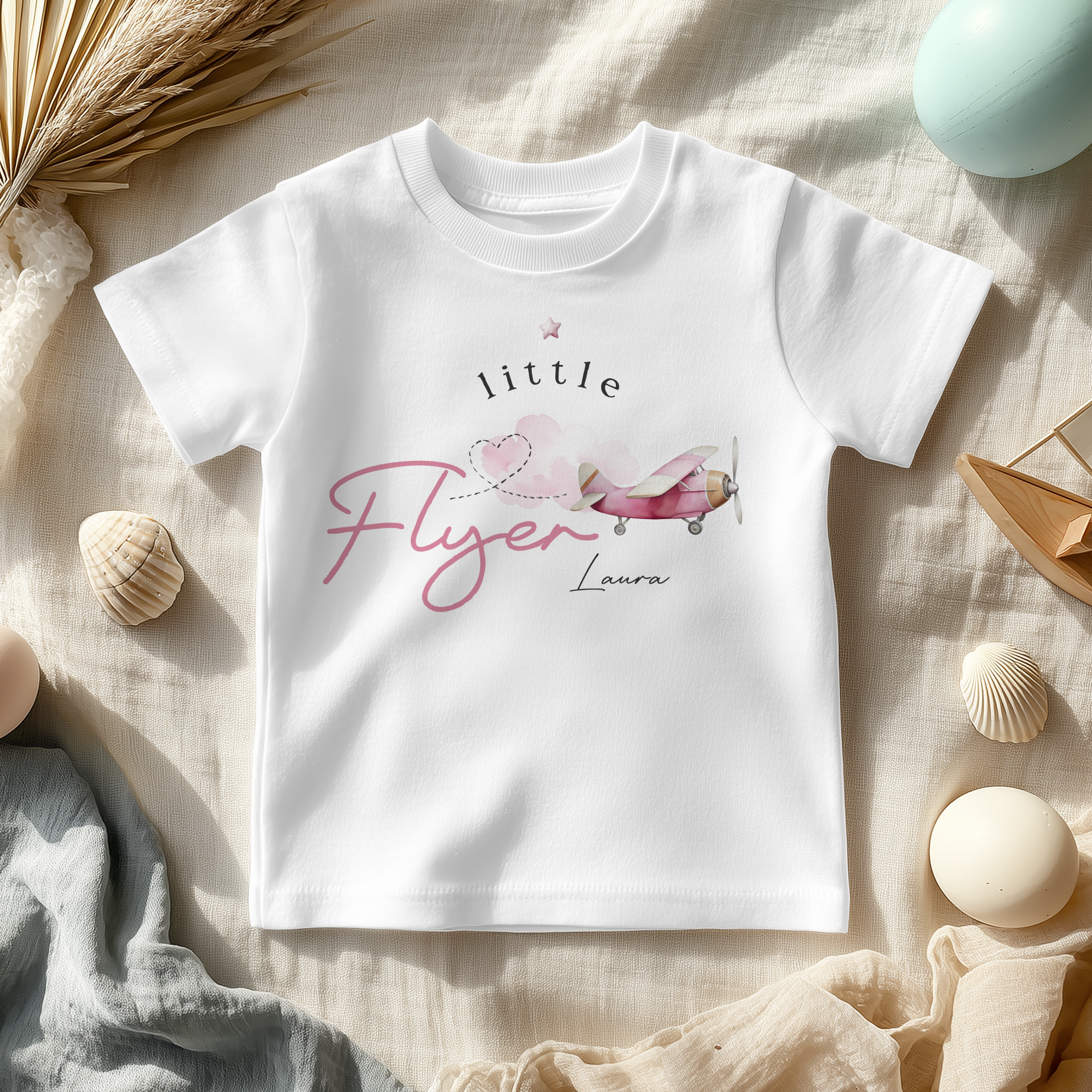 Little Flyer Holiday Pink Airplane Girl Personalised Toddler & Kids T Shirt