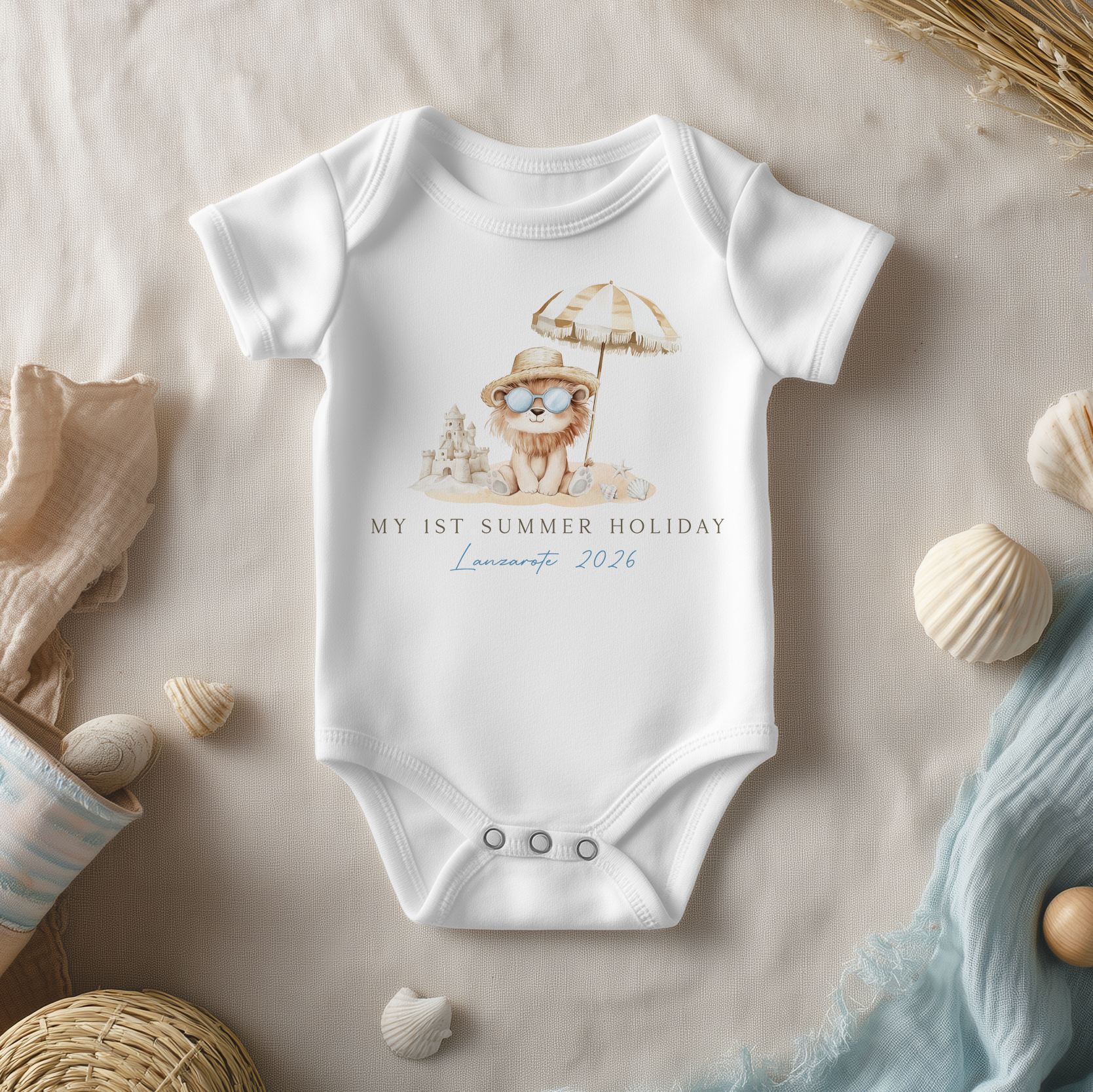 My First Summer Holiday Cute Lion Personalised Baby Bodysuit