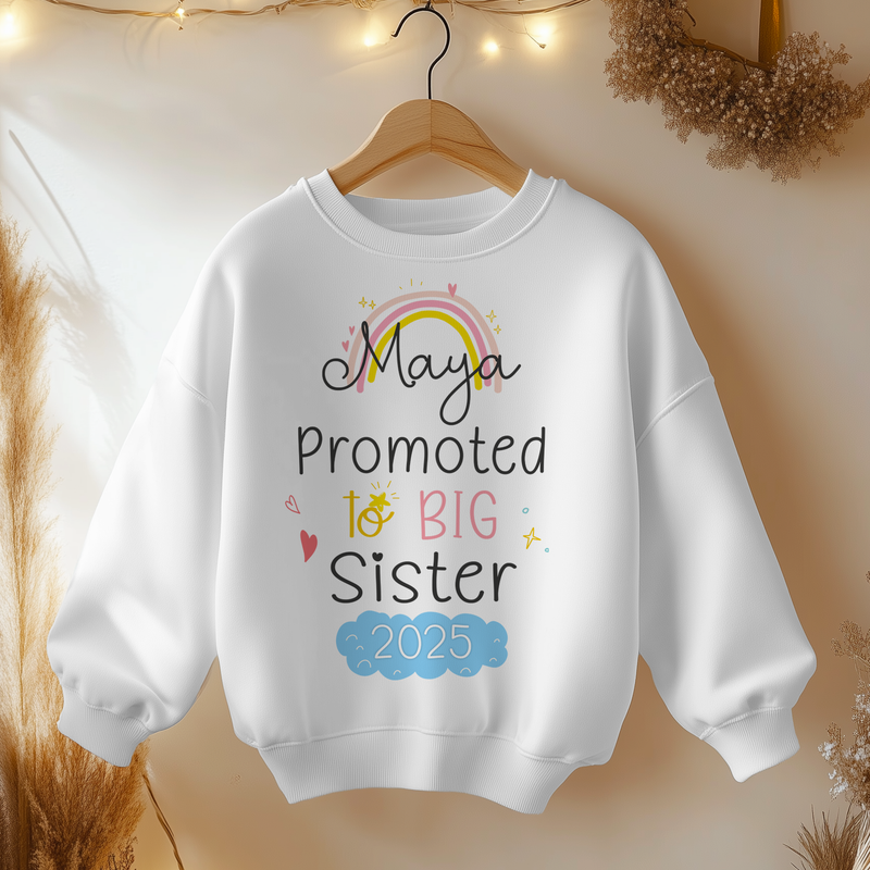 Promoted To Big Sister Rainbow Perosnalised Toddler & Kids Sweatshirt