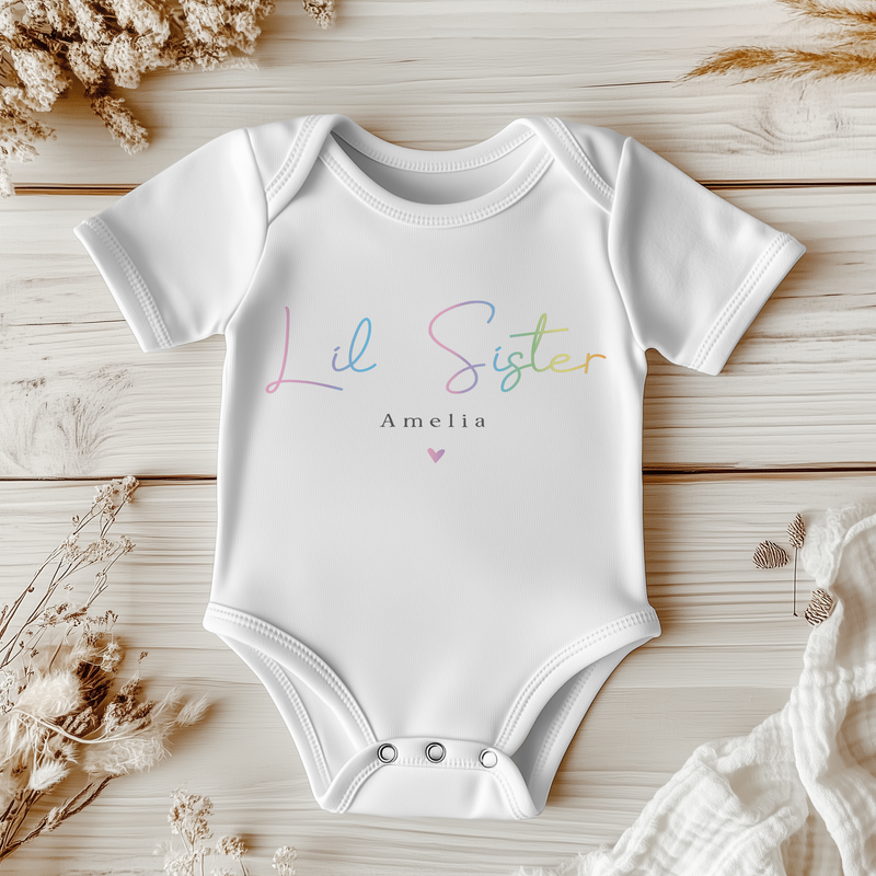 Lil Sister Rainbow Colours Minimalistic Personalised Baby Bodysuit