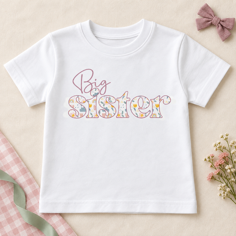 White children's T-shirt with dusty-pink Big script and floral, leaf and rainbow-patterned Sister lettering on a cream flat-lay.