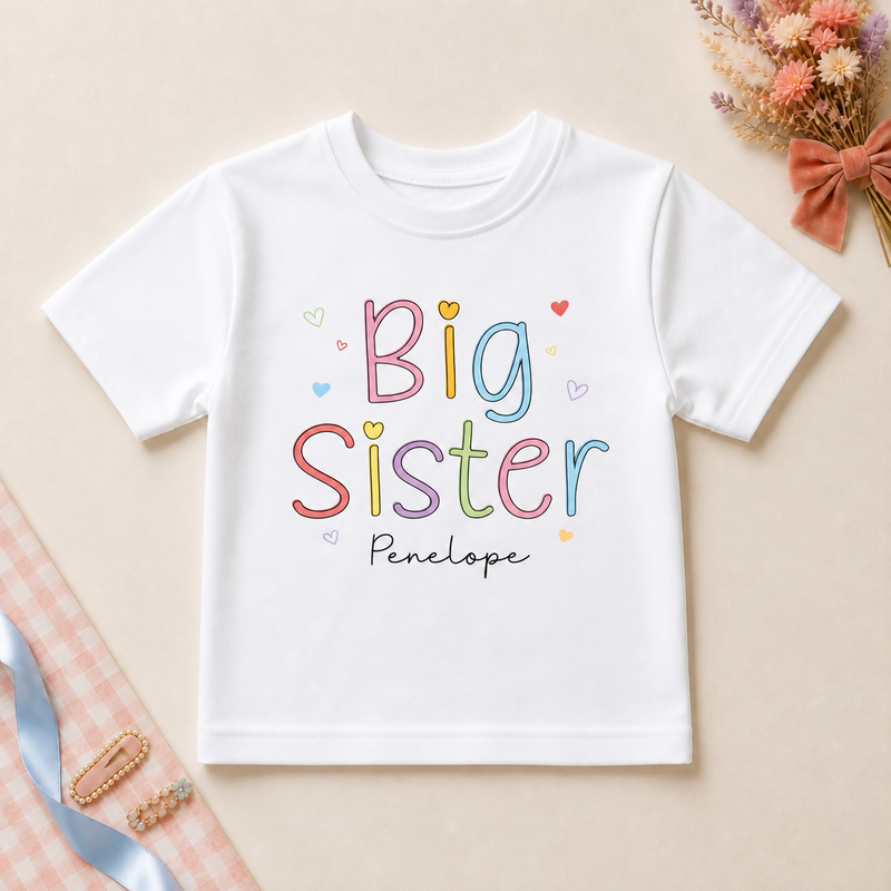 Personalised Big Sister white T-shirt with colourful outlined letters, hearts and example name Penelope.