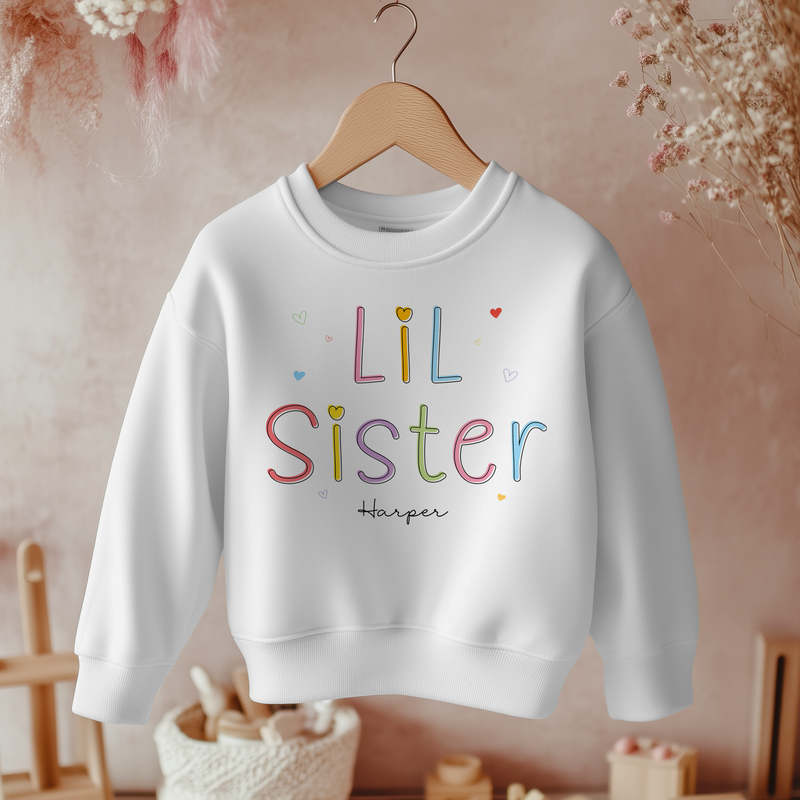 Little/Lil Sister Colourful Letters Theme Personalised Toddler & Kids Sweatshirt