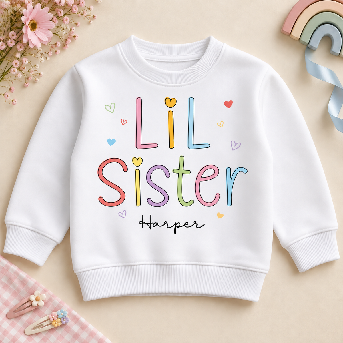 Personalised Lil Sister white sweatshirt with pastel outlined letters, hearts and Harper example name.