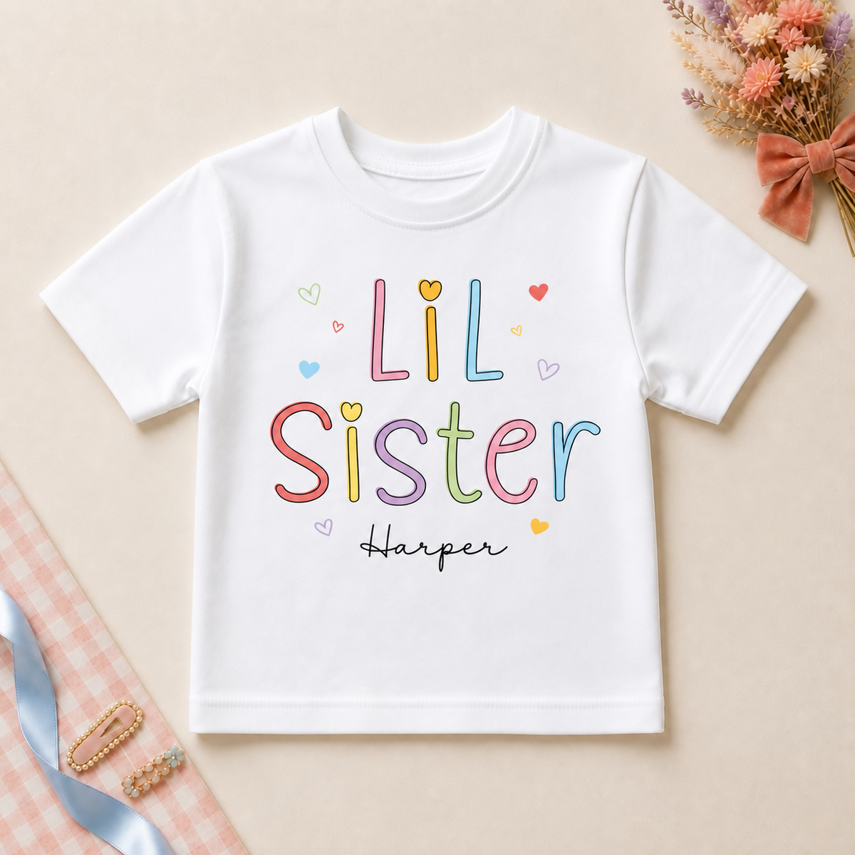 Personalised Lil Sister white T-shirt with colourful outlined letters, hearts and example name Harper.
