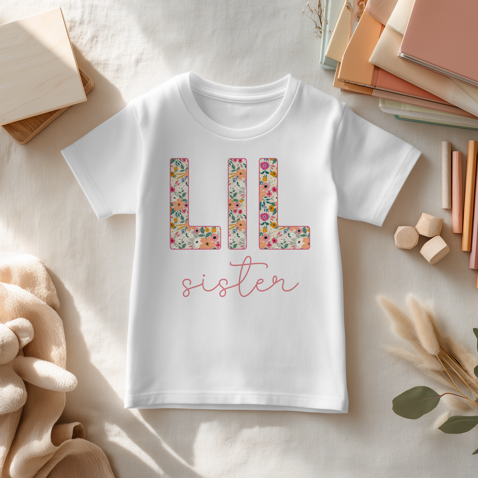 Lil Sister Girls T-Shirt Floral Pattern Pink Daisy Script Lettering Announcement Gift