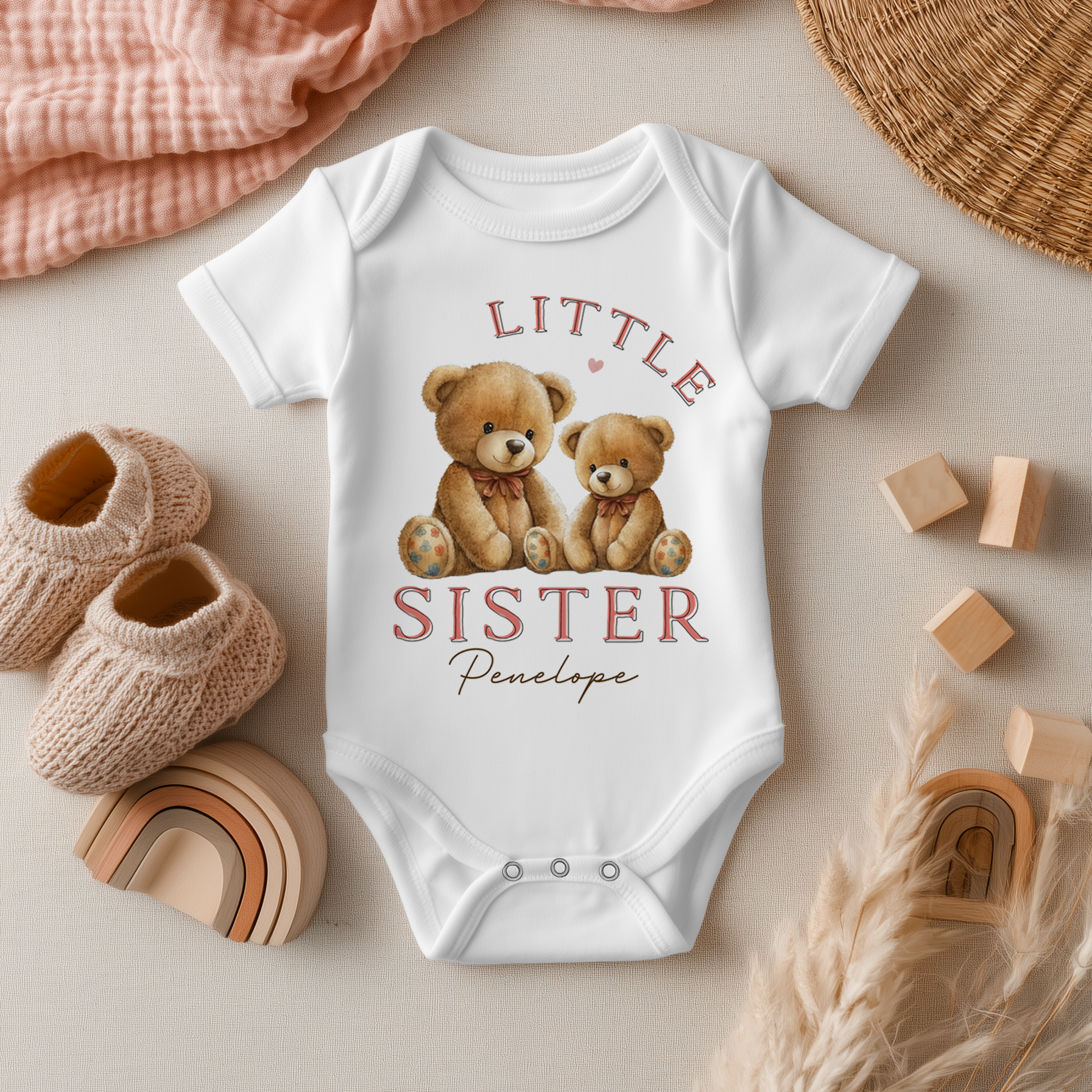 Little Sister Cute Teddy Bears Personalised Baby Bodysuit