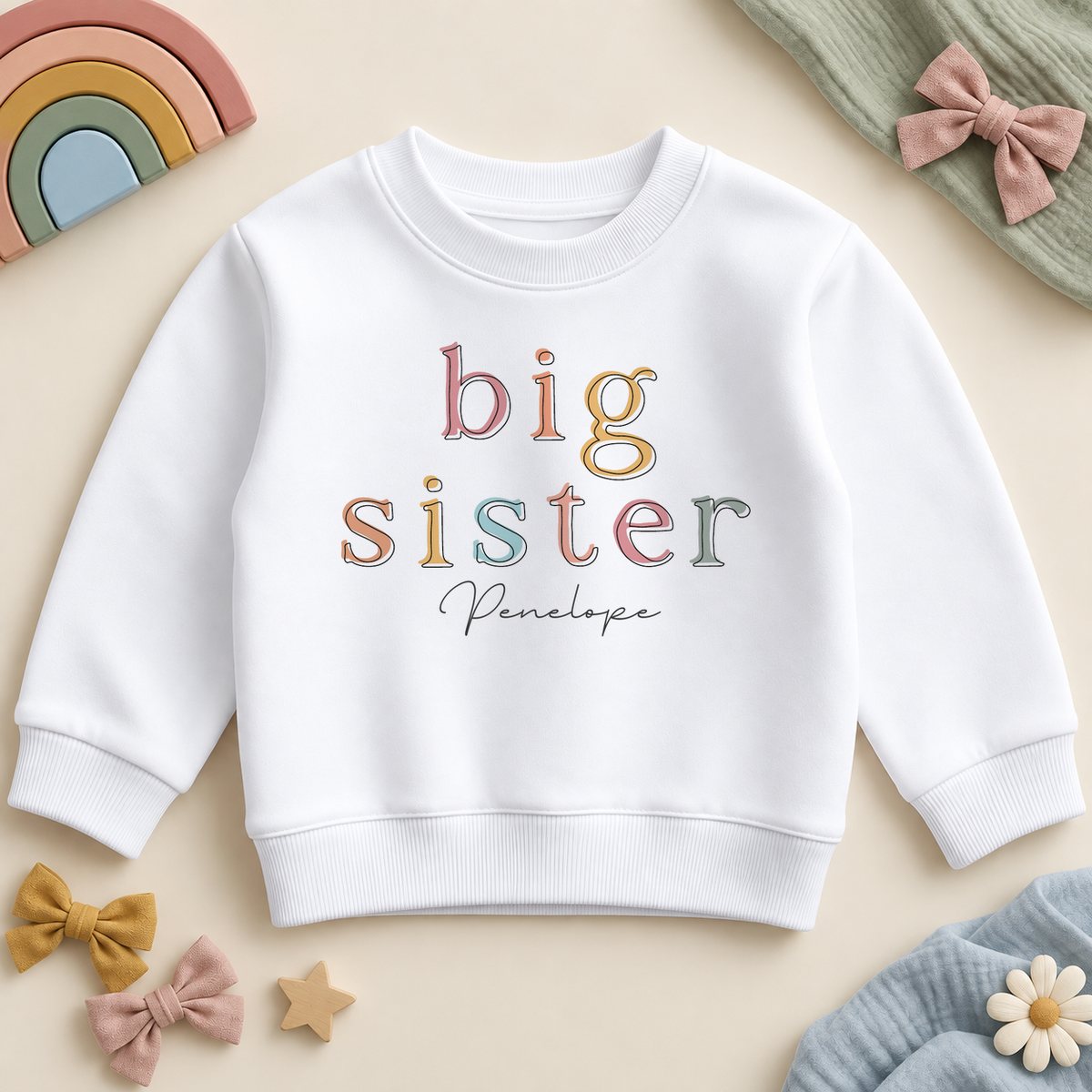 Personalised Big Sister white sweatshirt, pastel outlined serif letters with Penelope example name, styled with pastel rainbow and bows.