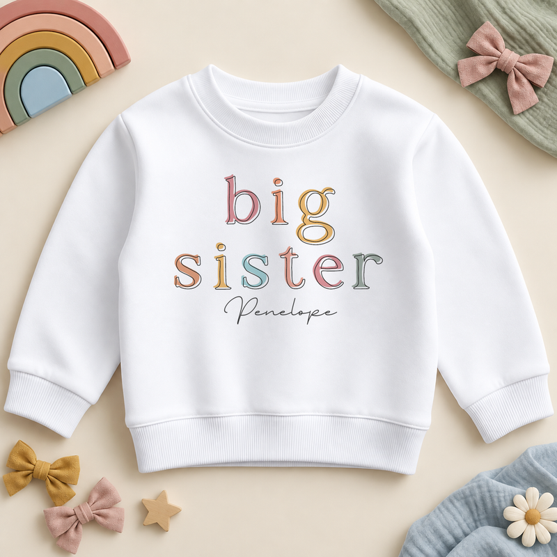 Personalised Big Sister white sweatshirt, pastel outlined serif letters with Penelope example name, styled with pastel rainbow and bows.