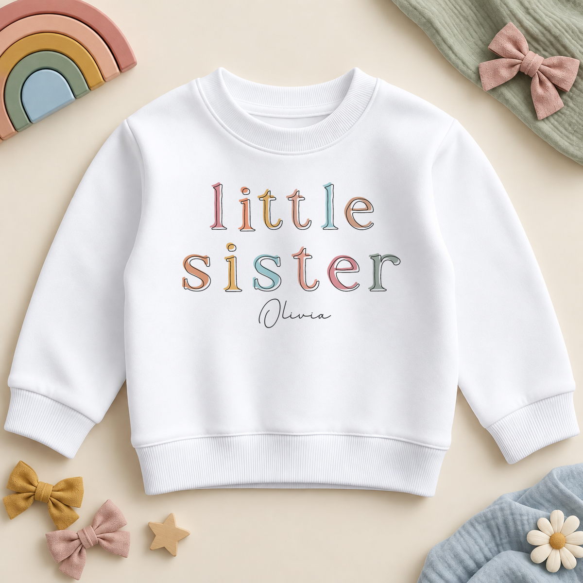 Personalised Little Sister white sweatshirt, pastel outlined serif letters with Olivia example name, styled with pastel rainbow and bows.