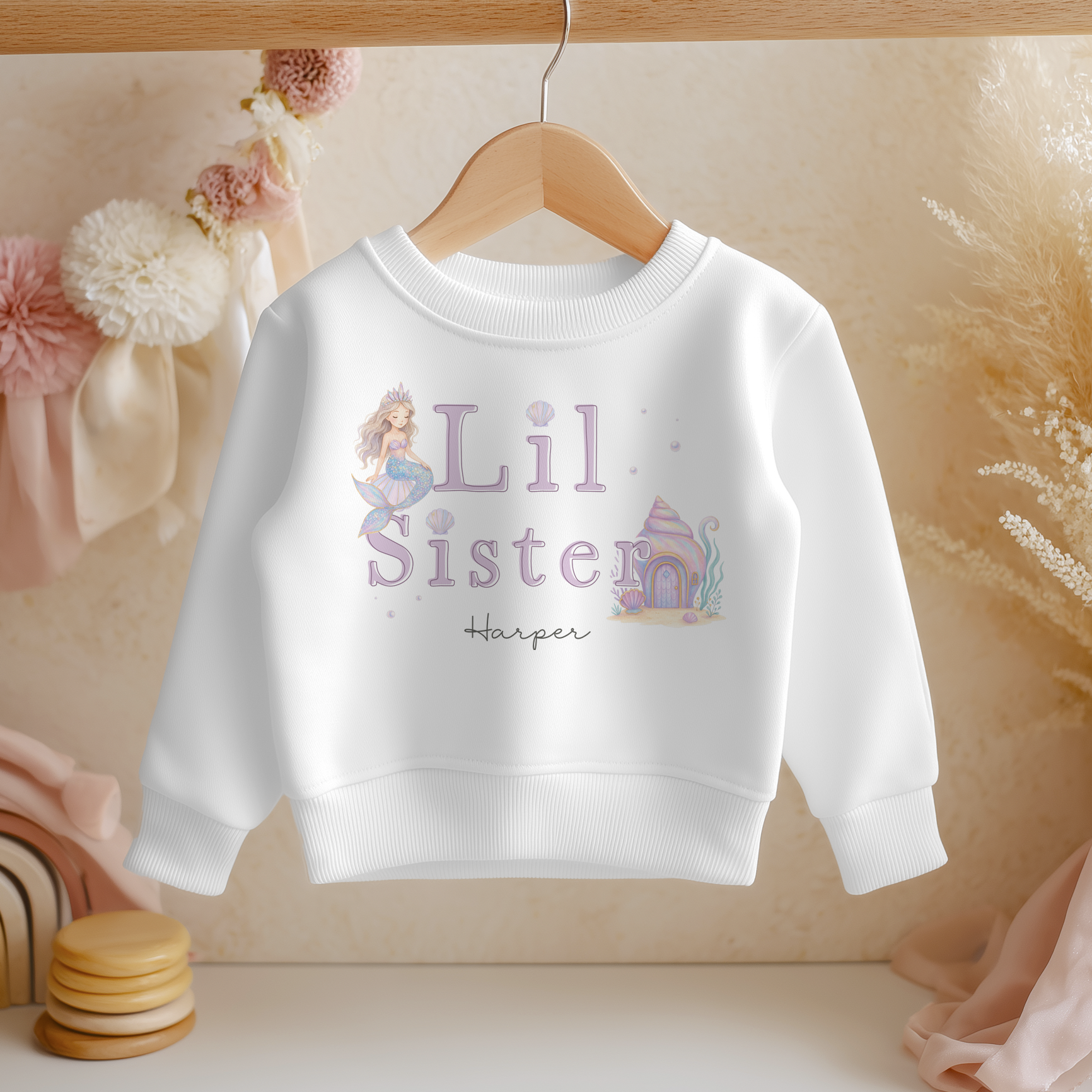 Personalised Kids Mermaid & Seashell Home Lil Sister Sweatshirt for Girls