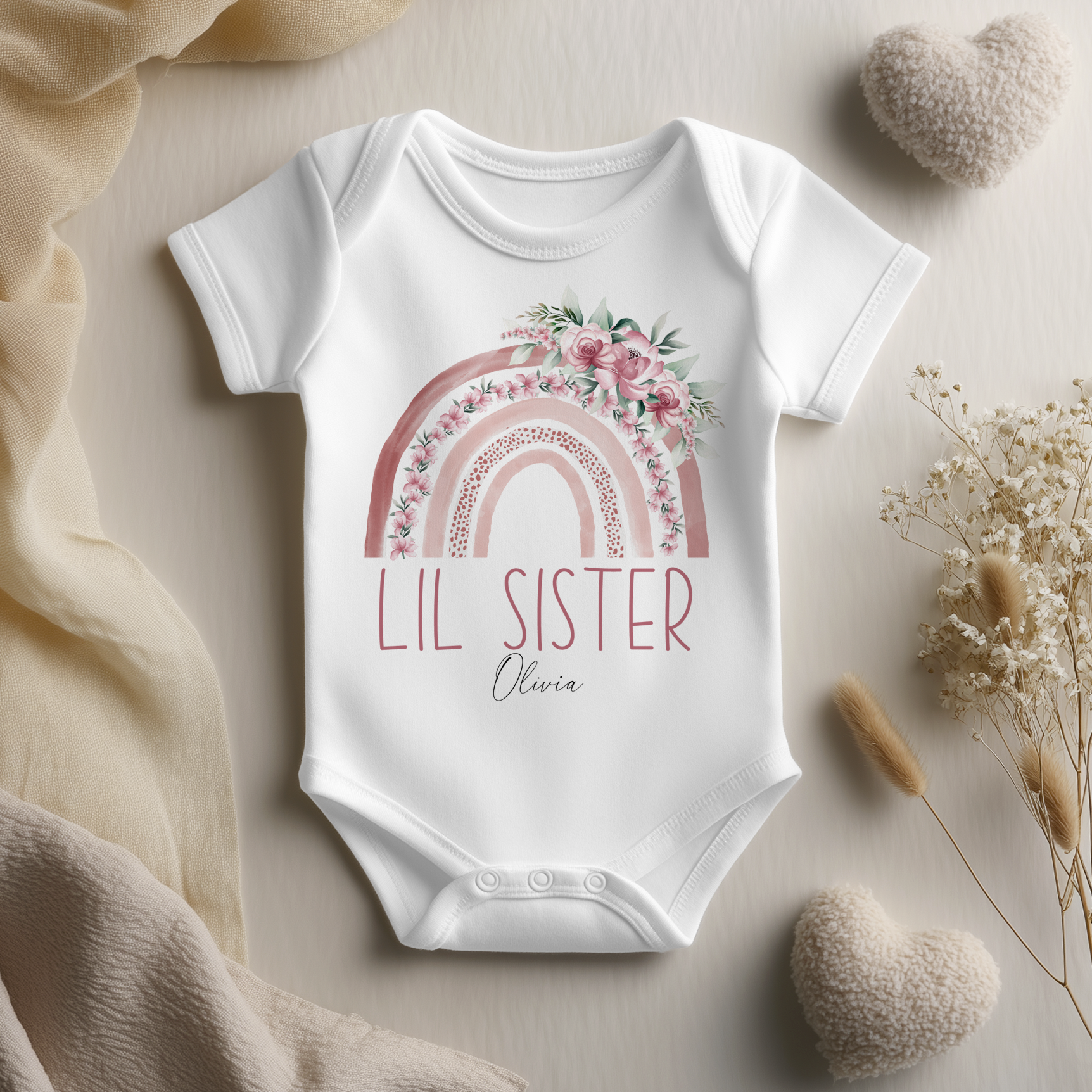 Personalised Baby Lil Sister Boho Floral Rainbow Baby Bodysuit for Girls