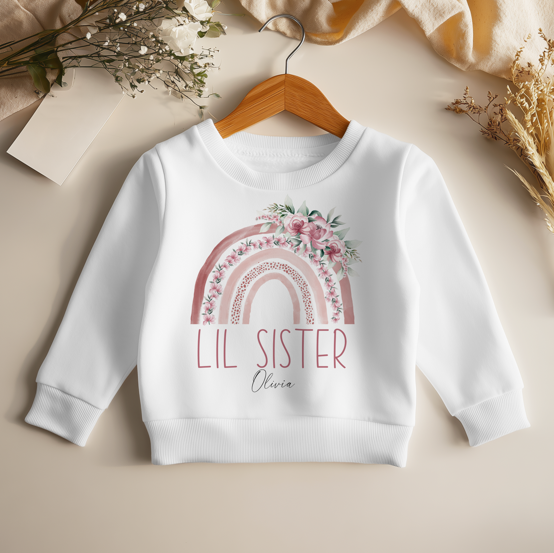 Personalised Kids Lil Sister Boho Floral Rainbow Sweatshirt for Girls