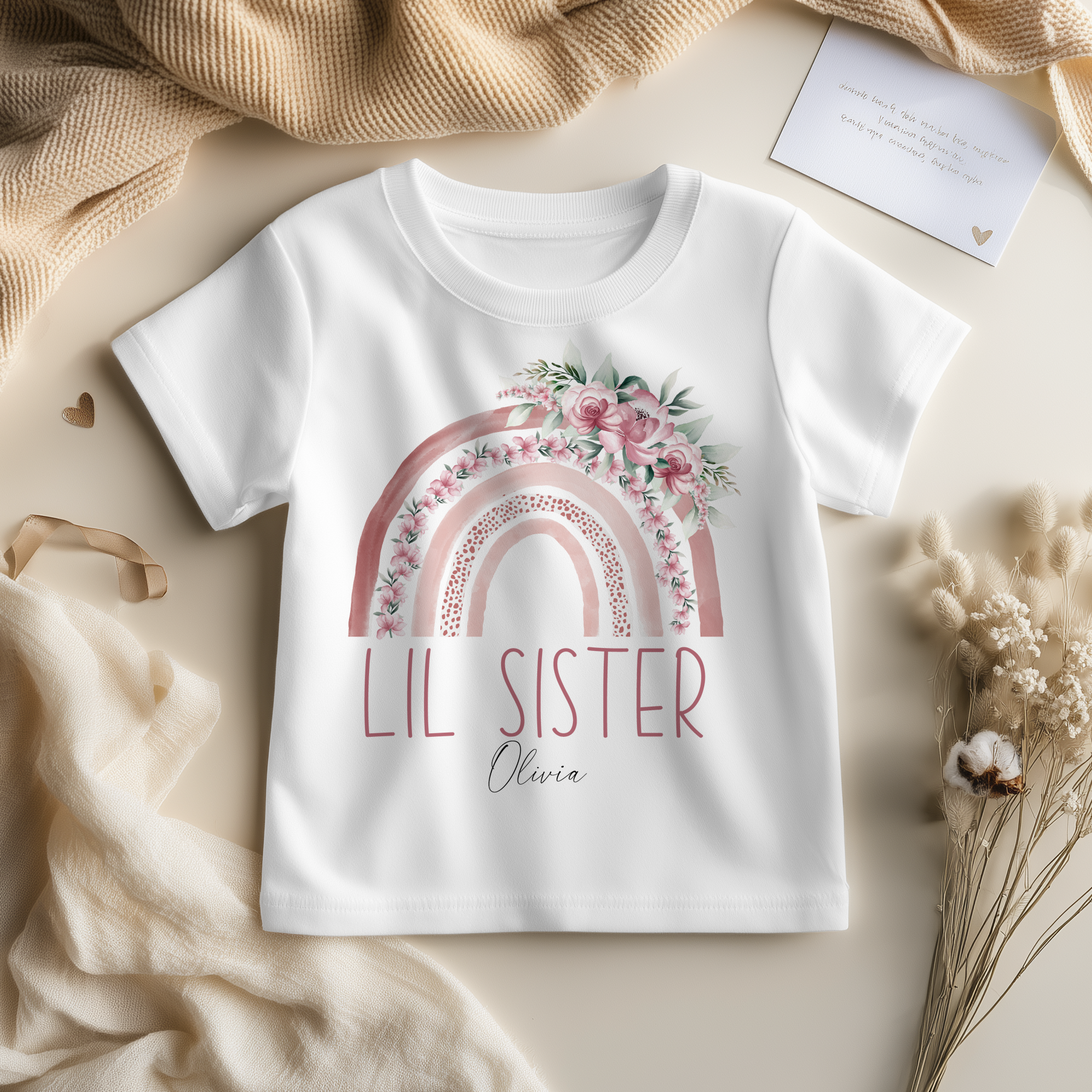 Little/Lil Sister Boho Rainbow Personalised Toddler & Kids T Shirt
