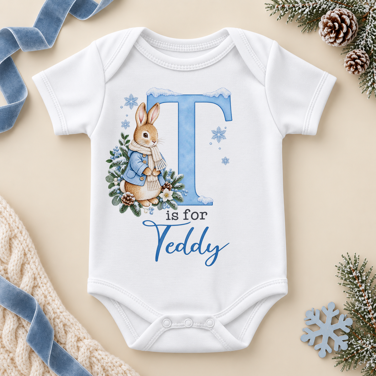 Personalised Blue Initial Winter Bunny Baby Vest Bodysuit with Name; example name shown.